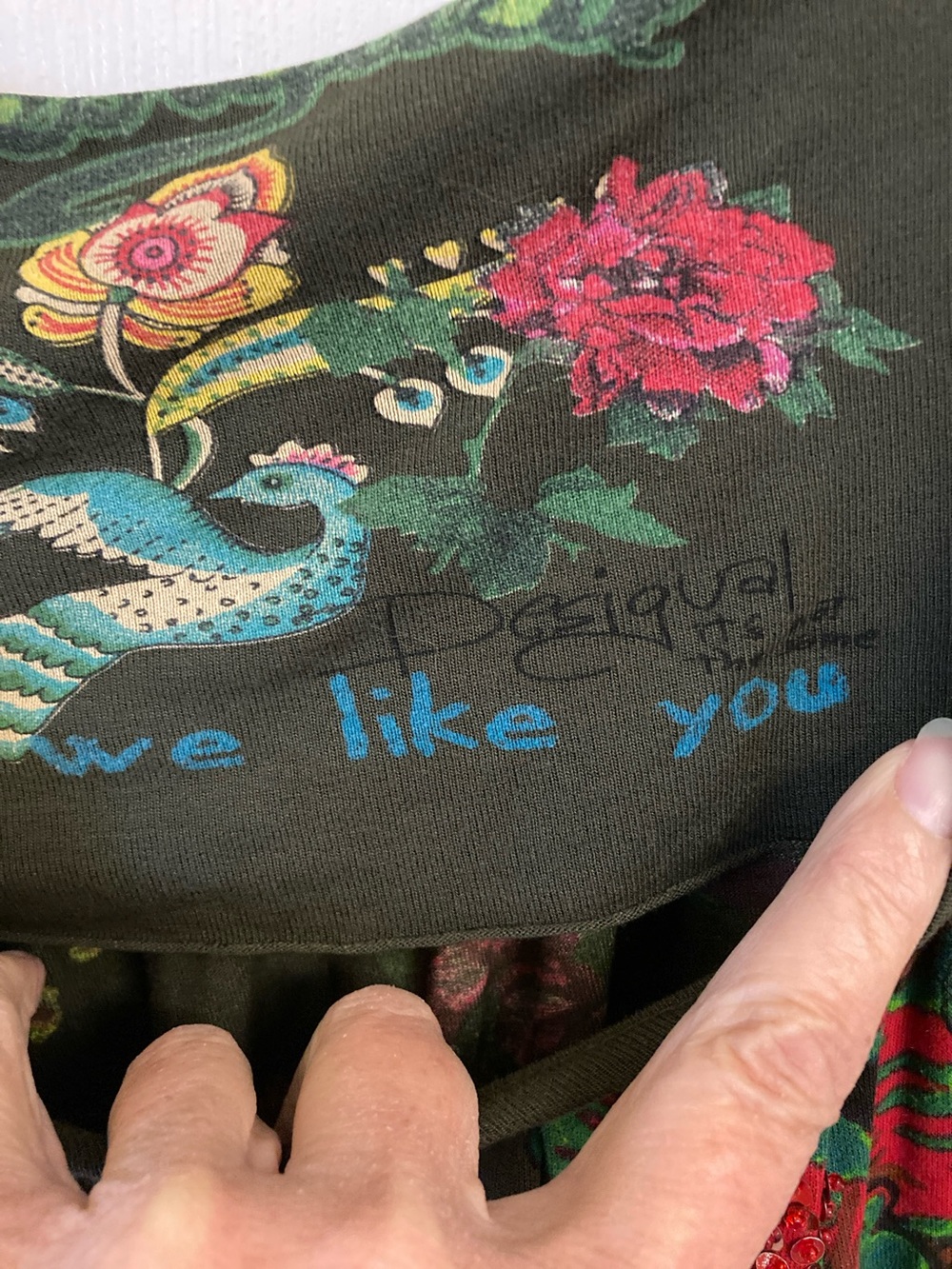 Desigual Olive Tunic “different is beautiful”with Pink & Green Floral Print - Picture 6 of 11